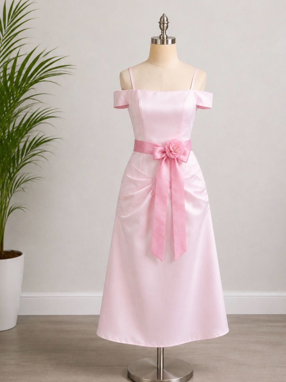 Pink Off-Shoulder Flower Sash Kids Dress